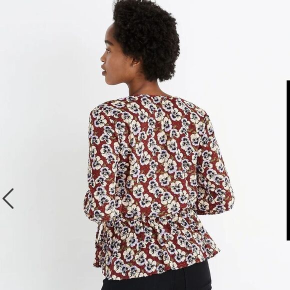 Madewell -565 Drawstring Ruffle-Hem Top Blouse in Viola Floral Burgundy Medium - Picture 2 of 10